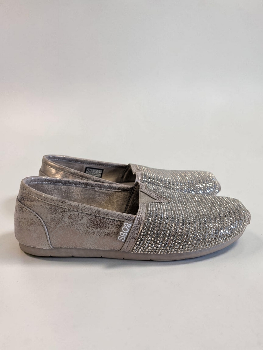 BOBS Skechers Rhinestone Slip On Flats Shoes Pewter Sparkle Memory Foam Comfy 7